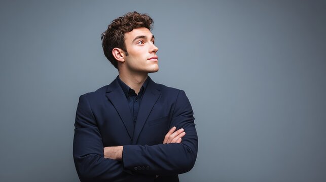 Confident Young Businessman in Professional Attire with Hands Crossed, Looking Upwards Against a Plain Grey Background in a Studio Setting