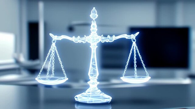 A glowing, digital representation of a balance scale in a modern, blurred background