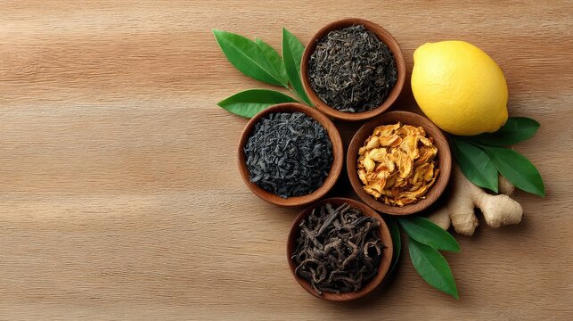 Aesthetic Arrangement of Herbal Ingredients on Wooden Surface with Fresh Lemon, Dried Flowers, and Natural Spices for Culinary and Wellness Use in the Kitchen