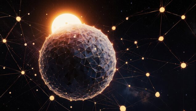 Global network glowing with interconnected data points and vibrant sun in cosmic expanse, symbolizing digital connection and innovation.