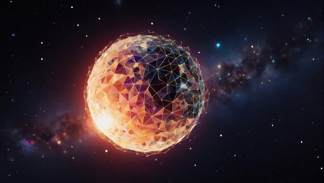Stunning abstract geometric sphere glows with vibrant energy against a cosmic nebula backdrop, representing data, network, or innovation. - Powered by Adobe