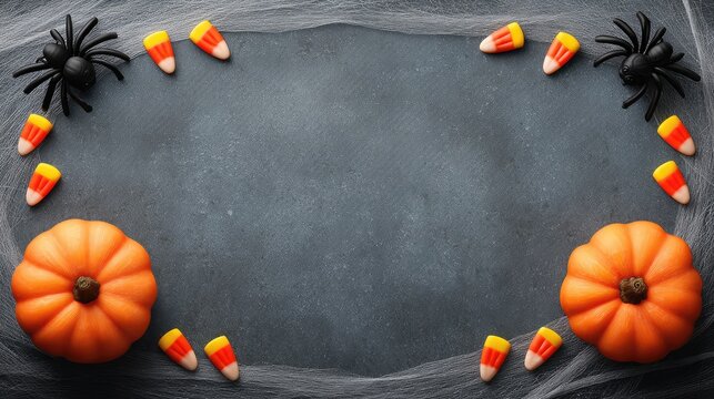 Halloween Celebration Background with Orange Pumpkins, Candy Corn, and Toy Spiders on a Dark Surface Surrounded by Cobwebs for Festive Decor