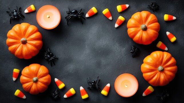 Festive Halloween Decoration with Orange Pumpkins, Candles, Candy Corn, and Spooky Spiders on a Dark Background Perfect for Seasonal Celebrations and Fall Events