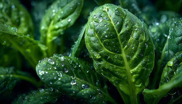 this image showcases vibrant green spinach leaves with droplets of water on their surface highlighting their freshness and vitality for culinary uses or health focused imagery