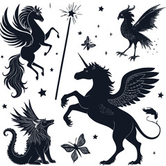 Set of 8 designs solid black silhouette fantasy, unicorn, magic wand, phoenix, fairy, dragon, full black fill, realistic proportions, isolated on white background, vector-friendly, no text.