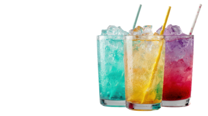 Three colorful iced drinks with straws isolated on transparent background