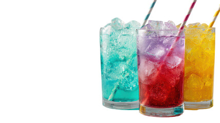 Three colorful refreshing drinks with ice and straws isolated on transparent background