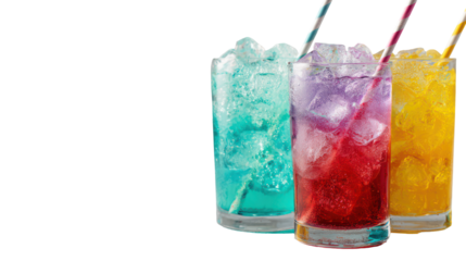 Three colorful refreshing drinks with ice and straws isolated on transparent background