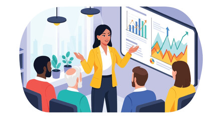 Empowering Leadership in Business: An illustration capturing a confident leader presenting insights and strategies to a diverse team during a strategic meeting or conference.