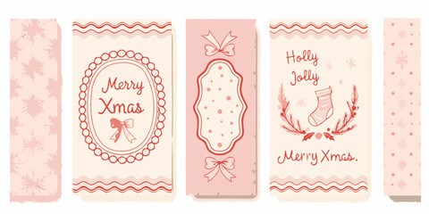 Festive christmas greeting cards and decorative elements with a vintage pink and cream color palette