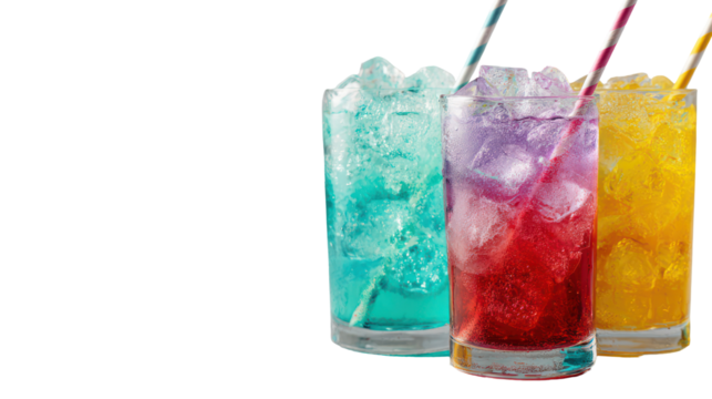 Three colorful refreshing drinks with ice and straws isolated on transparent background