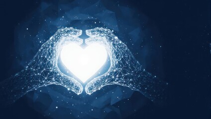 Luminous digital hands form a glowing heart shape against a dark, starry cosmic background, symbolizing connection and innovation.