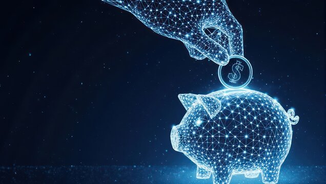 Futuristic glowing hand deposits digital dollar coin into wireframe piggy bank, symbolizing financial growth and investment in abstract tech background.