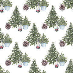 Watercolor seamless pattern with Christmas tree with gold garland on white background. Evergreen fir and pine cone for sticker or card. Hand-drawn art for New Year celebration wrapping or wallpaper