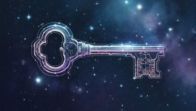 Unlock boundless possibilities with this stunning, glowing cosmic key set against a vibrant starfield backdrop, symbolizing discovery and new beginnings.