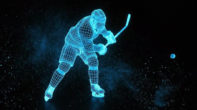 Dynamic Neon Wireframe Hockey Player in Action, Digital Sports Animation