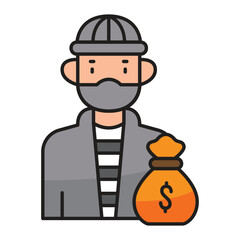 Cartoon robber in striped shirt holding money bag