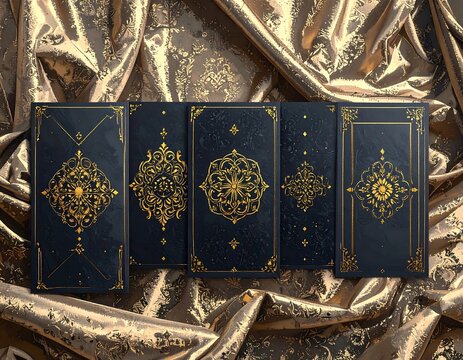 Tarot cards, dark navy background, gold accents