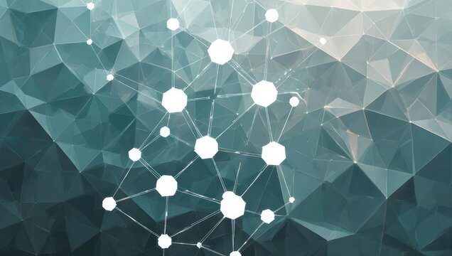 Dynamic abstract network of glowing nodes and lines interconnected across a shimmering geometric digital landscape