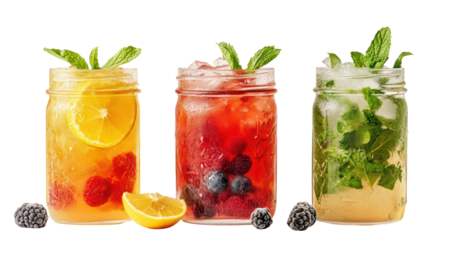 Three refreshing mason jar cocktails with fruit and mint isolated on transparent background