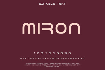Modern sans serif font miron with numbers and alphabet on dark background