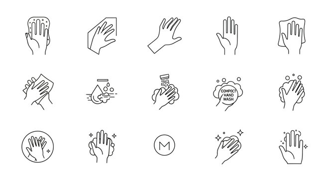 A collection of line art icons illustrating various hand hygiene practices, including washing, sanitizing, and drying hands with different tools.