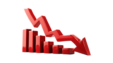 Red downward trending graph isolated on transparent background.