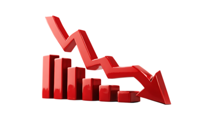 Red downward trending graph isolated on transparent background.