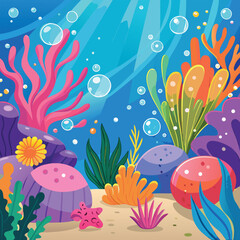 Colorful underwater reef with bubbles and starfish