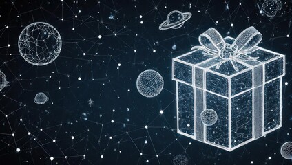 Stunning holographic gift box floats amidst a cosmic network of stars and planets, symbolizing innovation and future possibilities