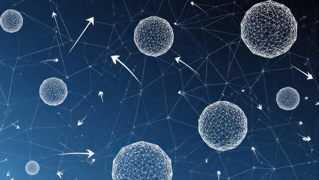 Dynamic abstract network with glowing spheres and directional arrows symbolizing connectivity, data flow, and progress in technology and science.