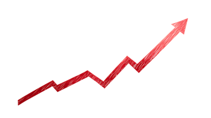 Red upward trending graph isolated on transparent background.
