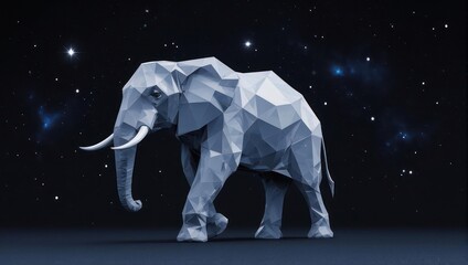 Majestic polygonal elephant strides confidently across a starry cosmic expanse, evoking wonder and scale in a modern artistic vision.