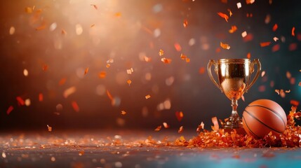 Celebration of victory with a trophy and basketball on the court
