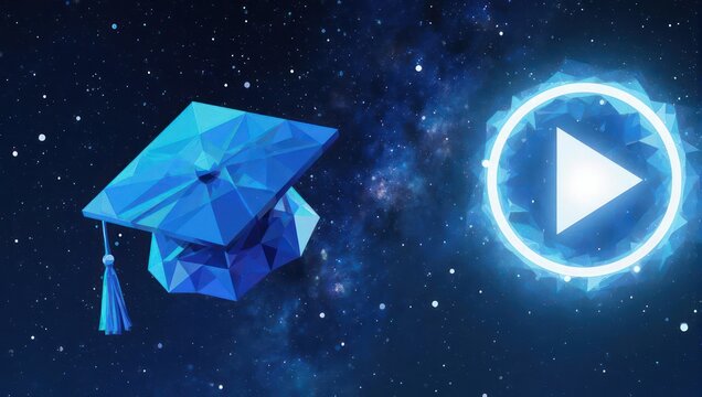 Stunning abstract blue graduation cap floats in starry cosmos with glowing play button symbolizing online learning and achievement