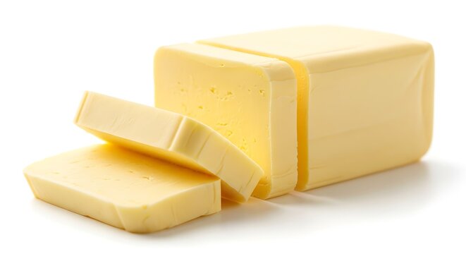Illustration of a block of butter is sliced with a knife, isolated on a white background