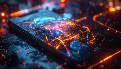 Cybernetic Smartphone: A futuristic smartphone glows with intricate circuits and digital energy, showcasing the nexus of technology and the digital world.