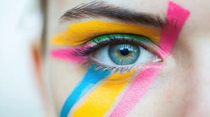 Bright face paint design with bold colors on a close-up view of an eye