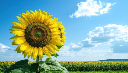 A vibrant sunflower stands tall amidst a field of its companions under a vast, sunny sky.
