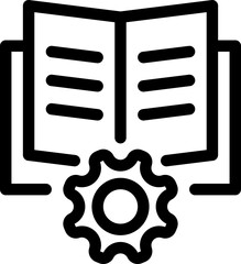 Icon of an open book with a gear, symbolizing user manual, guide, or documentation. Suitable for education, software, and technical support designs