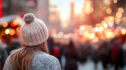 Obraz premium Evening stroll through a festive city street during winter twilight