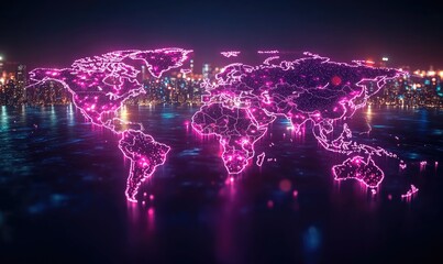 A global network map, glowing with vibrant pink lines over a dark cityscape