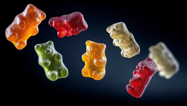 A studio shot of multiple gummy bears in various colors, seemingly floating against a dark background, showcasing their translucent and sugary texture