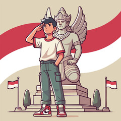 Young Man Giving Respectful Salute with a Garuda Statue and Indonesian Flags