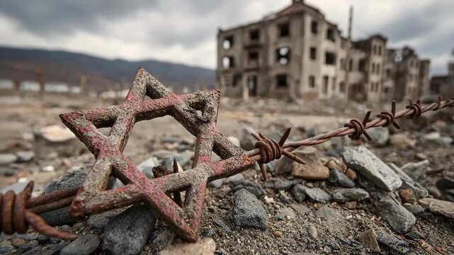Star of David on barbed wire in a war-torn, desolate landscape. Symbolic image.