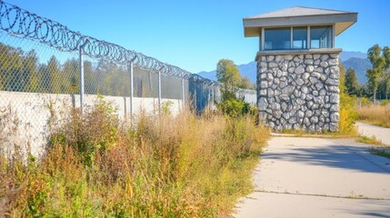 Obraz premium Prison guard tower beside a barbed wire fence in a rural setting