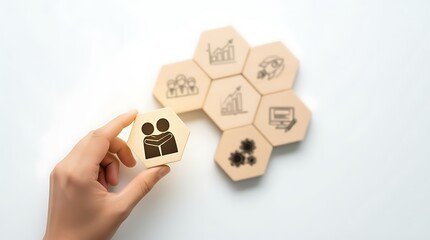 Hand holding wooden hexagonal block with camera icon, isolated on white background