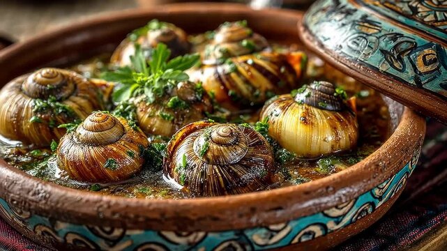 Delicious cooked snails in a traditional tagine pot, garnished with fresh herbs.