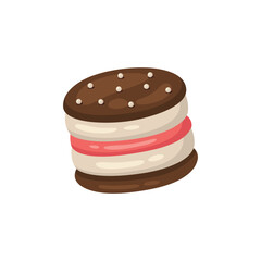 Chocolate sandwich cookie with pink cream filling and white dots
