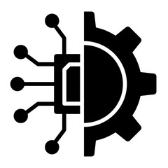 machine learning glyph icon showing gear with circuit process connection